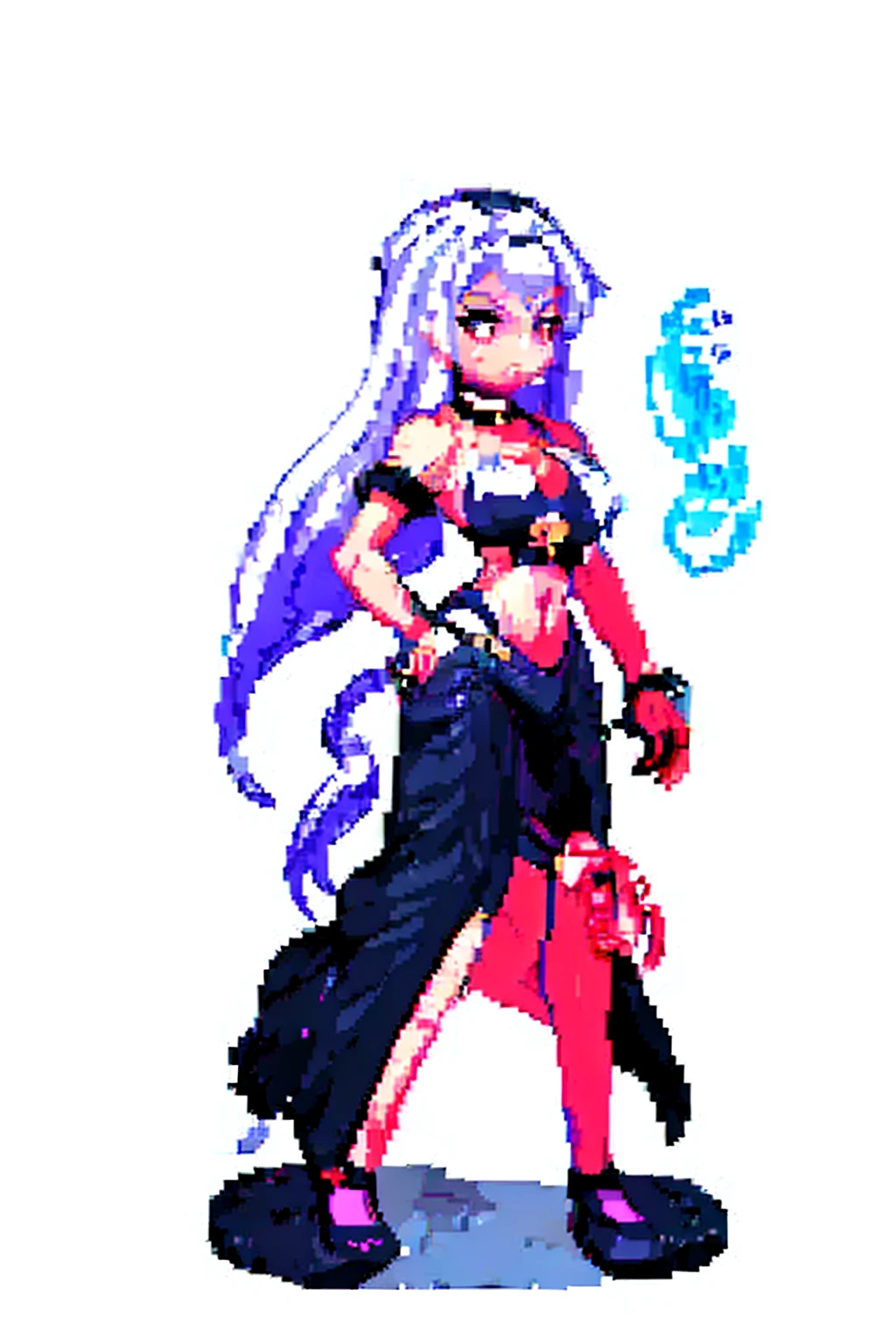 ((Masterpiece, whole body,ultra detailed,illustration,beautiful,amazing)), 1 girl, Celica fire emblem, Celica, (Sex slave tattoo on navel., ABS, exposed stomach, shackles on hands and legs, Black choker on the neck, standing straight, high heels, long white hair, purple eyes, yellow tiger striped bikini)