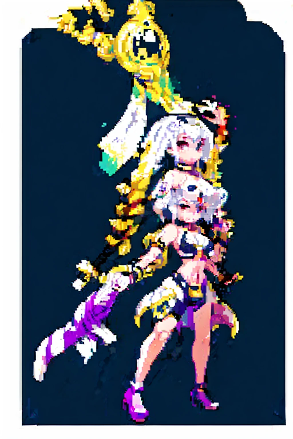 ((Masterpiece, whole body,ultra detailed,illustration,beautiful,amazing)), 1 girl, Celica fire emblem, Celica, (Sex slave tattoo on navel., ABS, exposed stomach, shackles on hands and legs, Black choker on the neck, standing straight, high heels, long white hair, purple eyes, yellow tiger striped bikini)