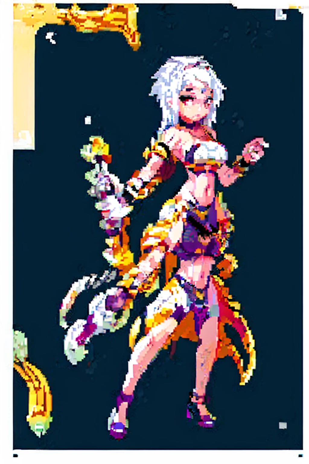 ((Masterpiece, whole body,ultra detailed,illustration,beautiful,amazing)), 1 girl, Celica fire emblem, Celica, (Sex slave tattoo on navel., ABS, exposed stomach, shackles on hands and legs, Black choker on the neck, standing straight, high heels, long white hair, purple eyes, yellow tiger striped bikini)
