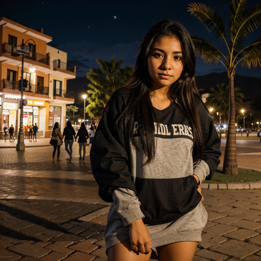 20 year old latina woman with normal clothes in the plaza of Cochabamba Bolivia at night