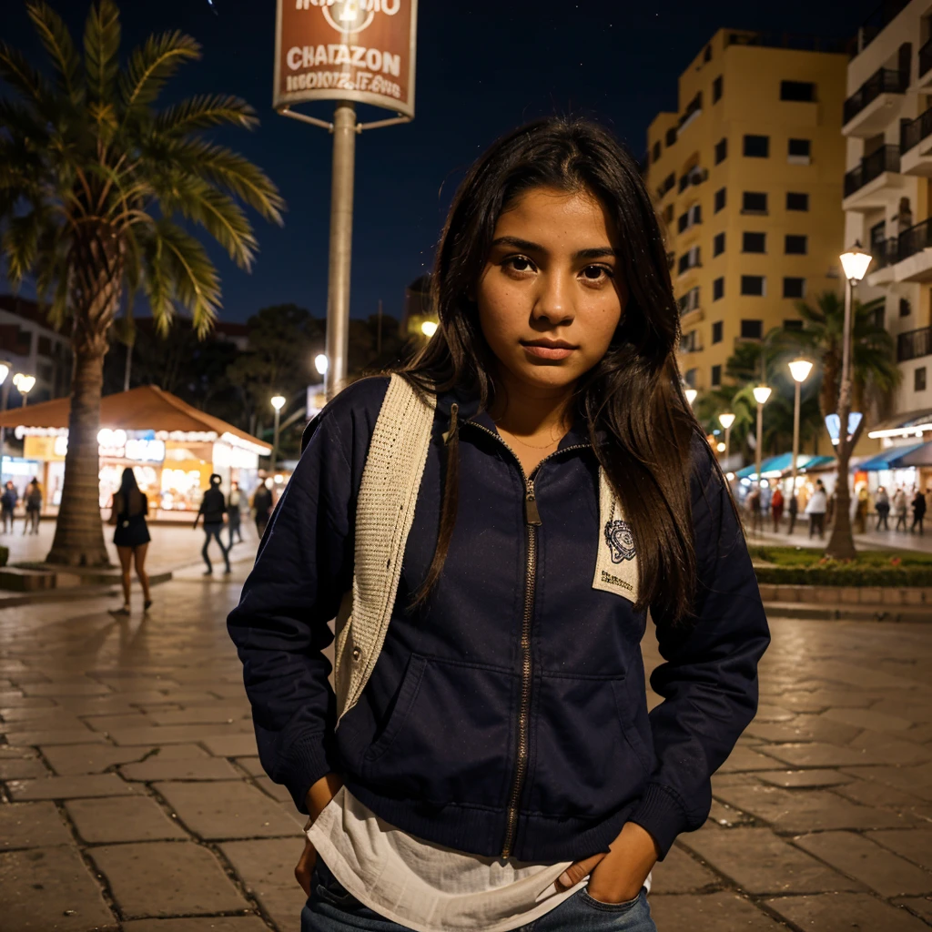 20 year old latina woman with normal clothes in the plaza of Cochabamba Bolivia at night