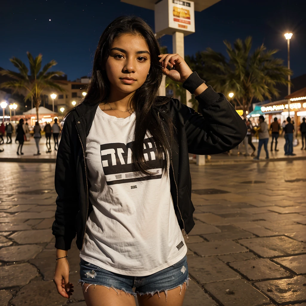 20 year old latina woman with normal clothes in the plaza of Cochabamba Bolivia at night