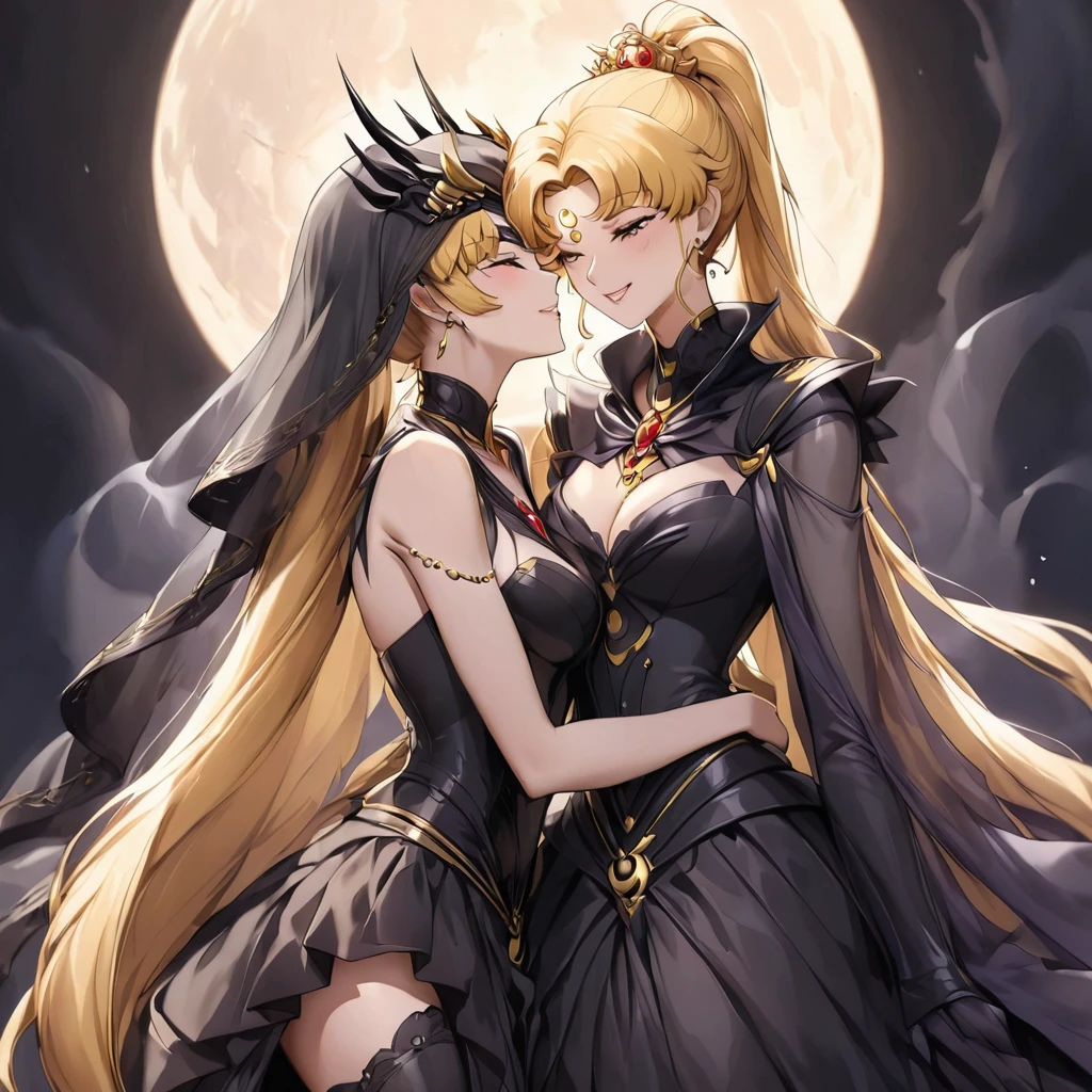 ((Highest quality)), ((masterpiece)), (detailed), (Perfect Face)、Black moon mark on forehead、The woman is Black Serenity, the noble dark queen of the Black Moon clan and has blonde hair.2The woman, Princess Serenity, has long hair tied in a ponytail and is embracing the strong and evil demon king, kissing him and getting married.、The woman has a black inverted crescent moon mark on her forehead, a gorgeous and glittering black gothic Victorian dress, a black veil and a black see-through cape, and is wearing luxurious jeweled accessories. She is the Queen of Darkness, the jet-black Princess Serenity, looking at the camera with a happy expression, and has the expression of a maiden in love.、A woman and a strong, evil demon king man embrace each other, kiss each other and get married.