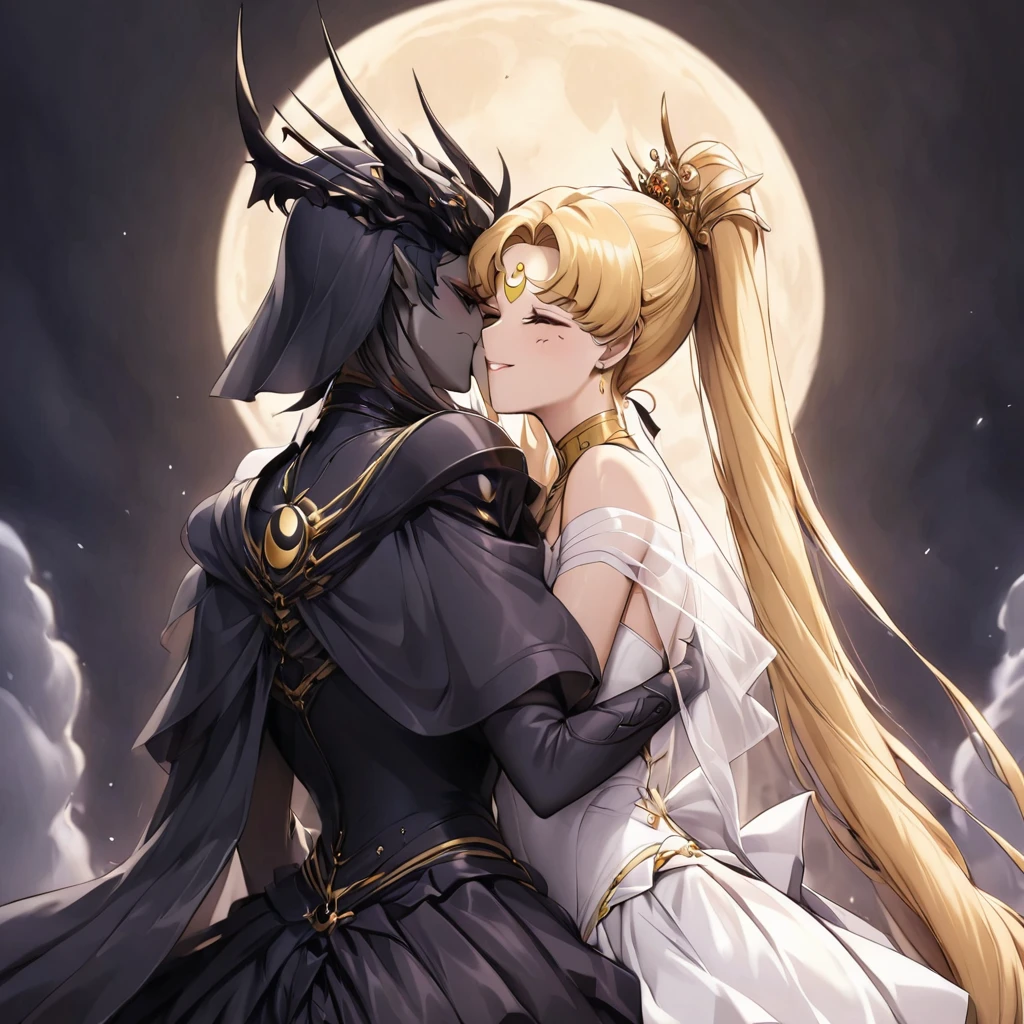 ((Highest quality)), ((masterpiece)), (detailed), （Perfect Face）、Black moon mark on forehead、The woman is Black Serenity, the noble dark queen of the Black Moon clan and has blonde hair.２The woman, Princess Serenity, has long hair tied in a ponytail and is embracing the strong and evil demon king, kissing him and getting married.、The woman has a black inverted crescent moon mark on her forehead, a gorgeous and glittering black gothic Victorian dress, a black veil and a black see-through cape, and is wearing luxurious jeweled accessories. She is the Queen of Darkness, the jet-black Princess Serenity, looking at the camera with a happy expression, and has the expression of a maiden in love.、A woman and a strong, evil demon king man embrace each other, kiss each other and get married.