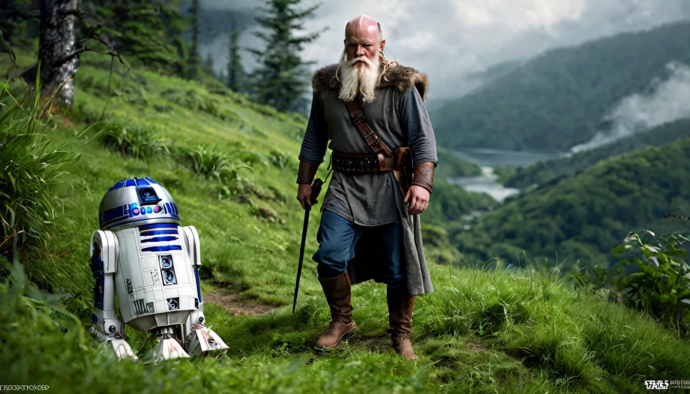(viking warrior, r2d2), long, white beard, walking on a mountain, the ground covered by green grasses, beautiful forests in the background, ethereal atmosphere, cinematic lighting, photorealistic, (best quality,8k,highres,masterpiece:1.2), ultra-detailed,realistic,photo-realistic:1.37,dramatic lighting,moody,fantasy,concept art