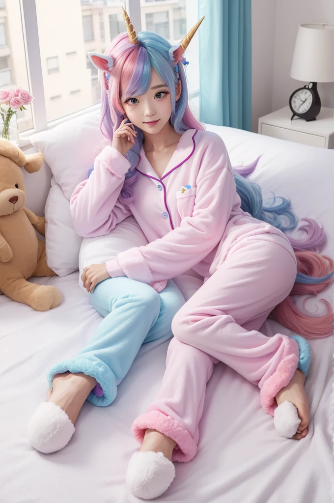 A fun character with colorful hair unicorn pajamas unicorn slippers
