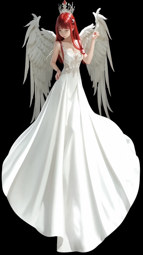a beautiful girl, with long white dress, red straight hair, full body with white wings.