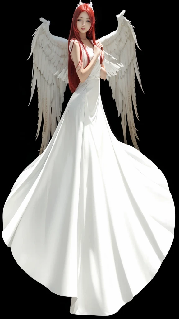 a beautiful girl, with long white dress, red straight hair, full body with white wings.