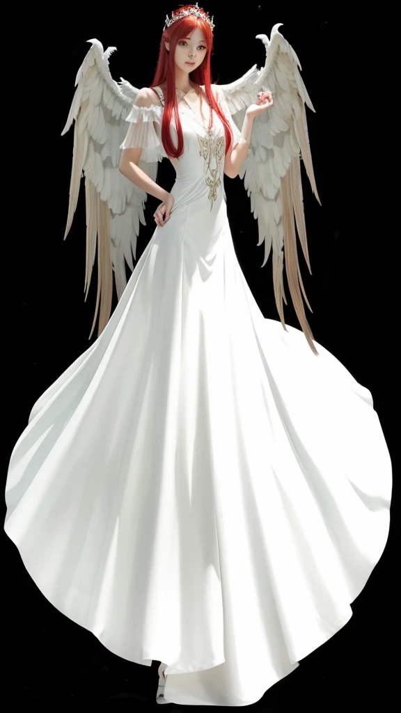 a beautiful girl, with long white dress, red straight hair, full body with white wings.