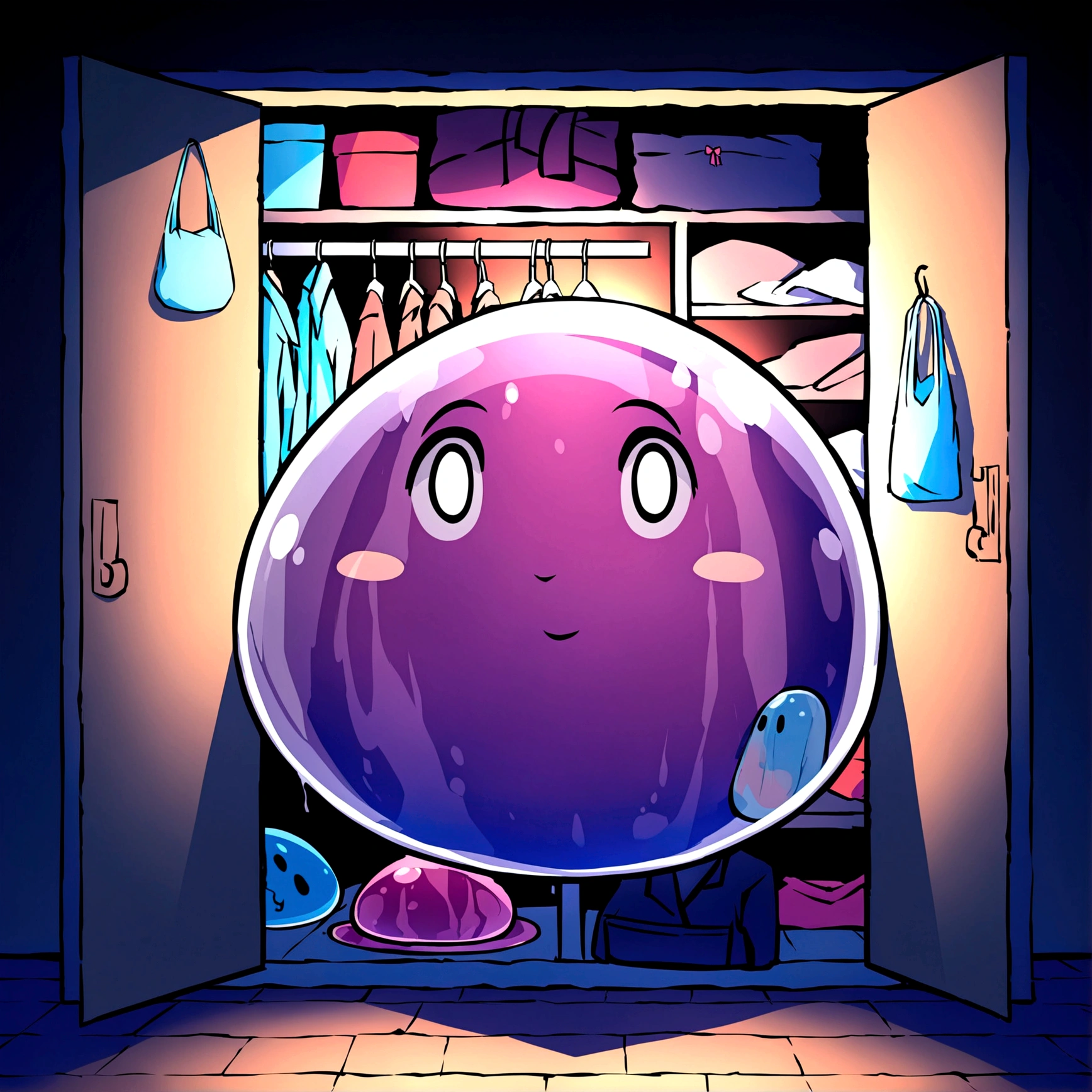 Adult slime-girl, hidden inside closet, surrounded by clothes, in darkness, transparent skin,