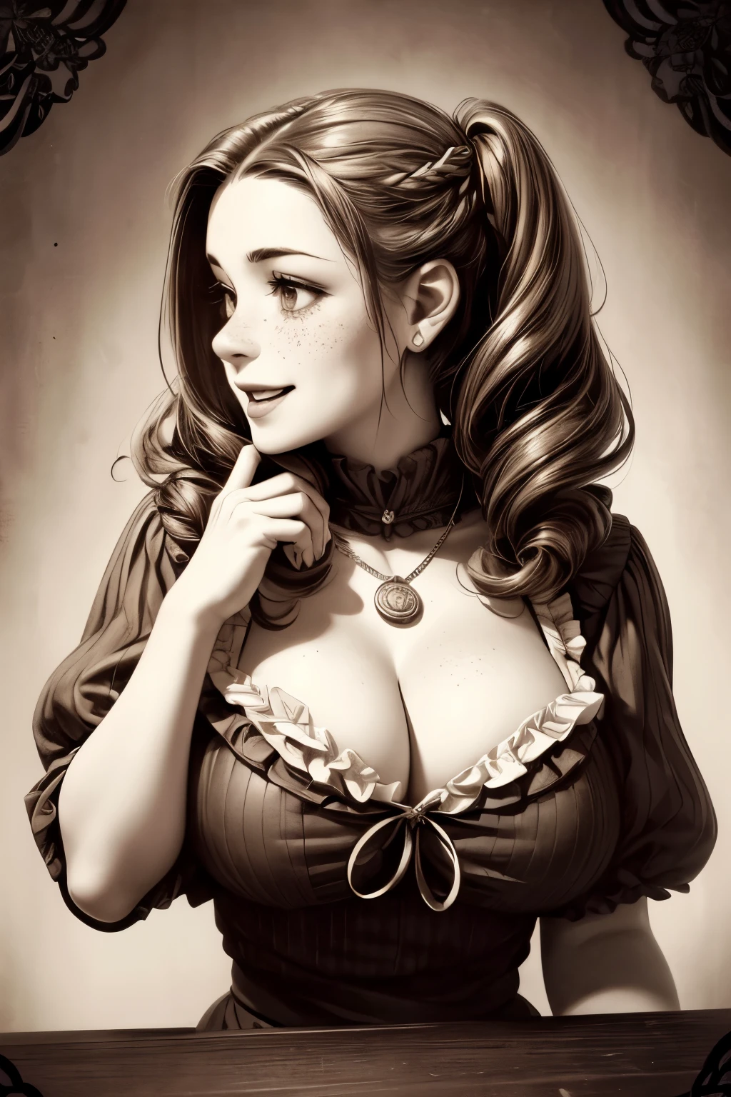 (masterpiece), best quality, expressive eyes, perfect face, Artwork, best quality, ultra-detailed, 1lady, long hair, 1930s vintage photography, monochrome dress, vintage color palette, ((curly hair)), dress with ruffles, smiling smile, freckles on face, ((old photo effect)), large breasts, ((sepia effect)), breasts larger than head, ((portrait in a medallion)), ((locket)), ((pic in locket)), ((portrait in round medallion)), photography of a woman in a locket, signature at the bottom of the photo, Initials T.J in signature, face profile photography, round glasses, provocative cleavage, face profile photography, lipstick in pic, shining eyes, twintails, laughing laugh, laughing, ((mold particles around the edges of the photograph)), laughing with your mouth open, flowers in hair, ((signatured photography)), huge breasts, large breasts, gigantic breasts, fleshy mouth lips, ((mold particles)), hood in head