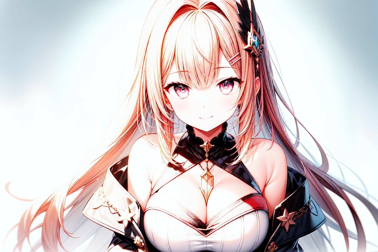 1girl, long_hair, breasts, solo, large_breasts, hair_ornament, cleavage, upper_body, smile, looking_at_viewer, bangs, pink_eyes, closed_mouth