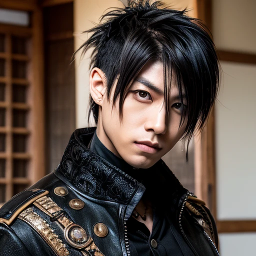 1 japanese male rocker, asien eyes, Visual Kai hairstyle, ultra detailed face and body, hyperrealistic, realistic representation, muscular, broad shoulders, tattoos gothic style, piercings, Visual Kei style, hairstyle Visual Kei, blond, 40 years old, age 40 outfit gothic streampunk, men's shirt and black pants, Asian eyes, eyes Asian, long hair, long hair