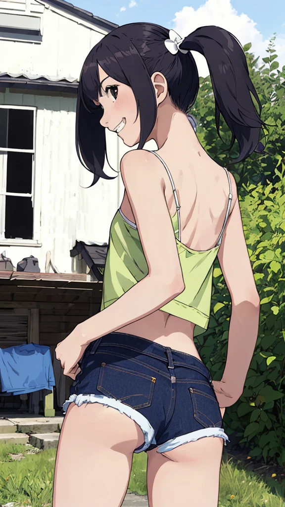 best quality, masterpiece, detailed,2d,flat color, 1girl,14yo,petit,grin,camisole,denim shorts,socks,outdoor,small breasts,twintail,ass,from back