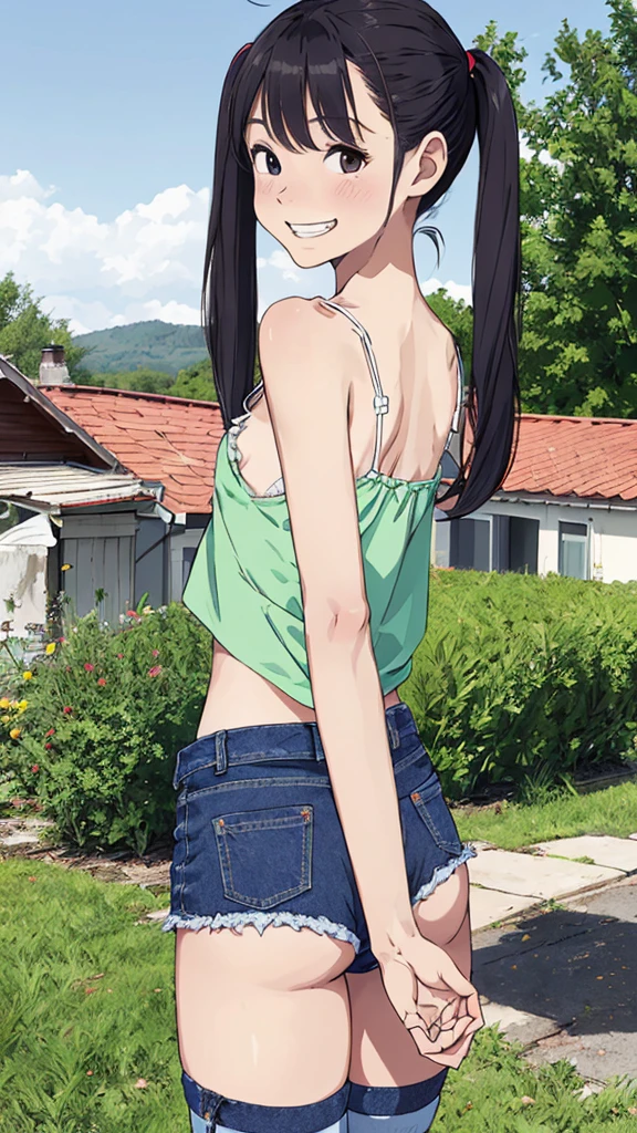 best quality, masterpiece, detailed,2d,flat color, 1girl,,petit,grin,camisole,denim shorts,socks,outdoor,small breasts,twintail,ass,from back