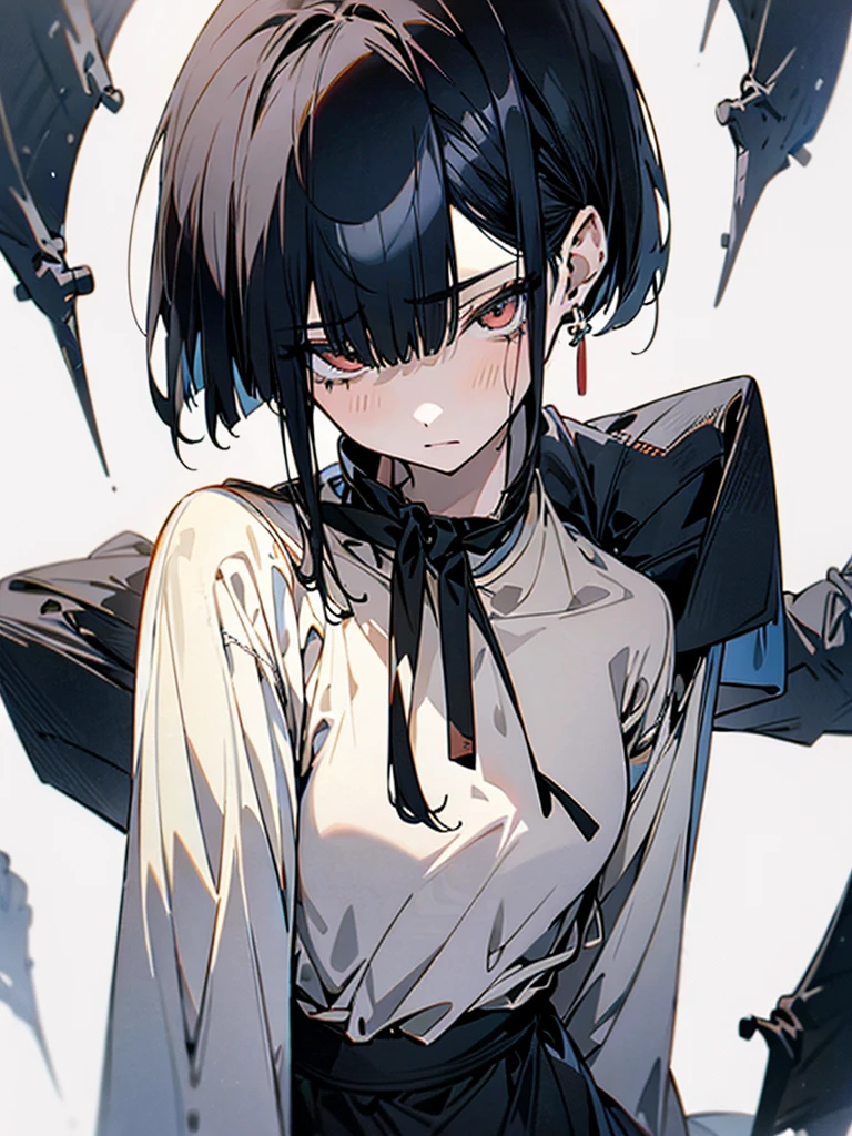 pale, black haired, japanese girl. She has a bob hairstyle. Slender and lean body, small breasts and hips, her expression is cold, she has sharp eyes, wears a white blouse. Her face is close. Hair is loose. She slightly looks down on you. Background is solid beige.