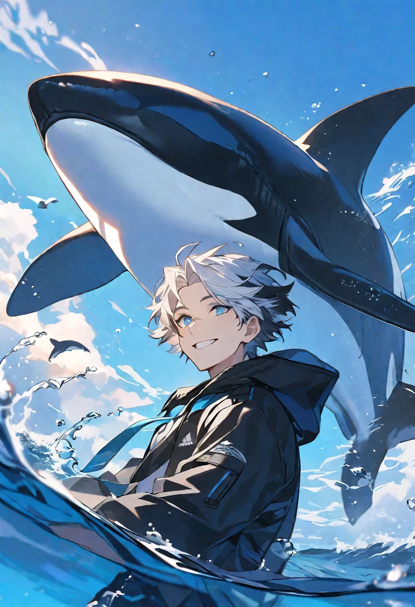 solo, handsome, 1 male, short hair, black and white color hair, pale blue eyes, white shirt, light blue tie, black hooded, smile facial, sea, orca