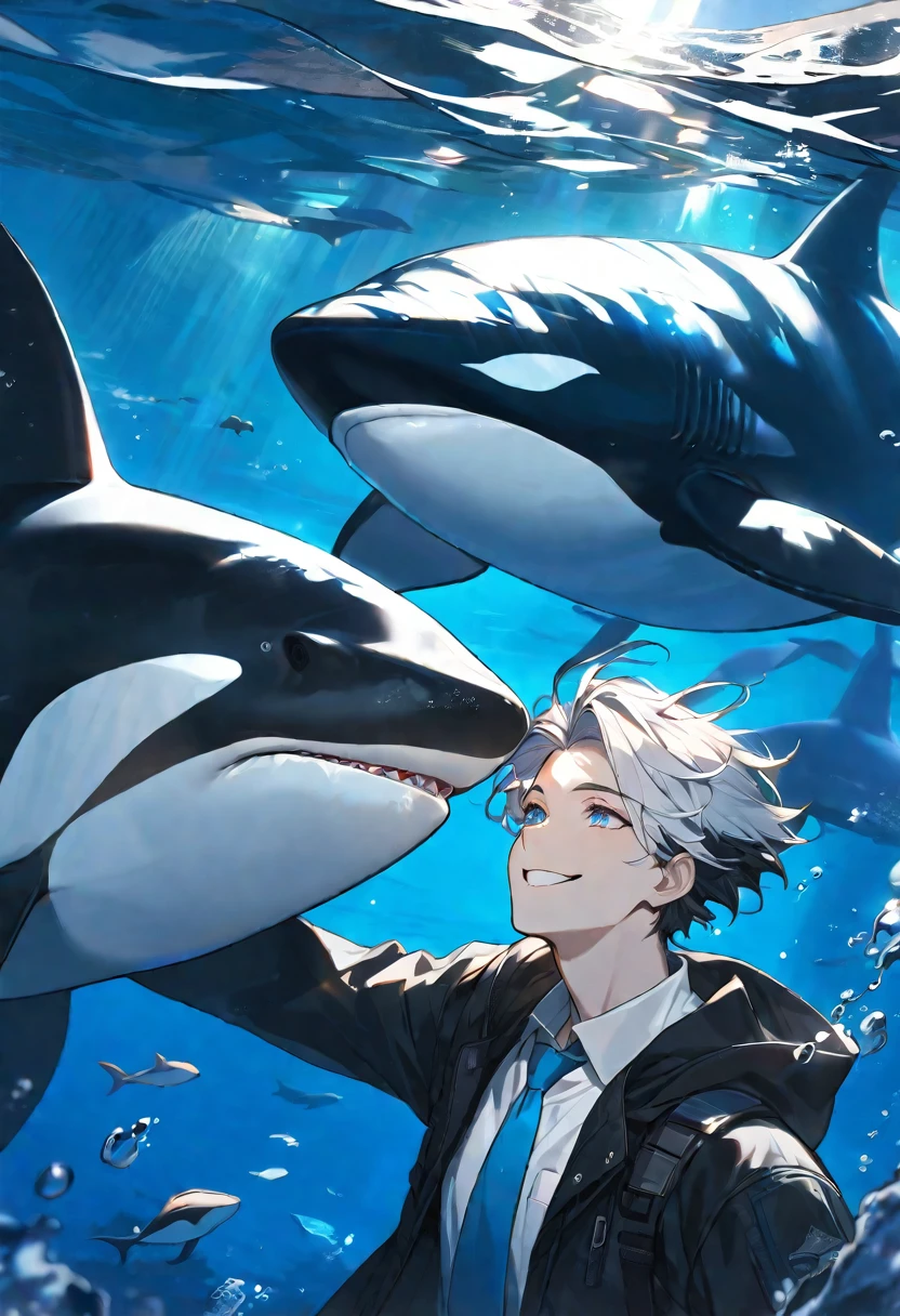 solo, handsome, 1 male, short hair, black and white color hair, pale blue eyes, white shirt, light blue tie, black hooded, smile facial, sea, orca