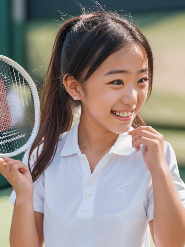 (Highest quality),(RAW Photos), lens: 135mm f1.8, natural  lighting, bokeh, (Japanese girl), 18 year old,  (white no sleeve shirt, polo shirt), (tennis coat), (holding racket), (close-up shot), (grin), ponytail hair, bangs, (sunlight)