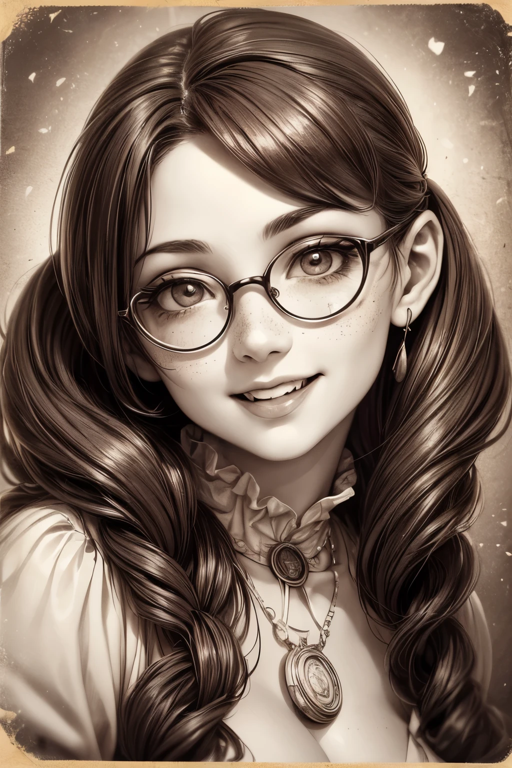 (masterpiece), best quality, expressive eyes, perfect face, Artwork, best quality, ultra-detailed, 1lady, long hair, 1930s vintage photography, monochrome dress, vintage color palette, ((curly hair)), dress with ruffles, smiling smile, freckles on face, ((old photo effect)), large breasts, ((sepia effect)), breasts larger than head, ((portrait in a medallion)), ((locket)), ((pic in locket)), ((portrait in round medallion)), photography of a woman in a locket, signature at the bottom of the photo, Initials T.J in signature, round glasses, provocative cleavage, face profile photography, lipstick in pic, shining eyes, twintails, laughing laugh, laughing, ((mold particles around the edges of the photograph)), laughing with your mouth open, flowers in hair, ((signatured photography)), huge breasts, large breasts, gigantic breasts, fleshy mouth lips, ((mold particles)), hood in head