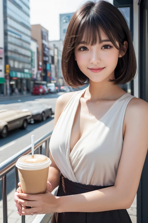 girl, White skin, Short dark brown tiered hair, V cut with layers and bangs, Brown eyes, Soft atmosphere characteristics (Highest quality, Ultra-high resolution, 8K, RAW Photos, Ultra-high resolution: 1.2, masterpiece: 1.2), (Realistic, Realistic: 1.37), Super detailed, Professional Lighting, Photon Mapping, Radio City, Physically Based Rendering, Japanese, One Girl, alone, Black Hair, cute, Nice, Adorable, A light smile, Normal chest,Cafe,terrace,coffee