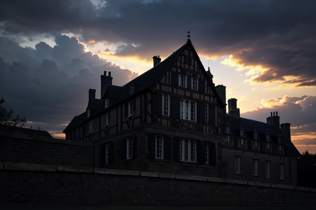 Premier plan une silhouette noir masculine regardant le manoir