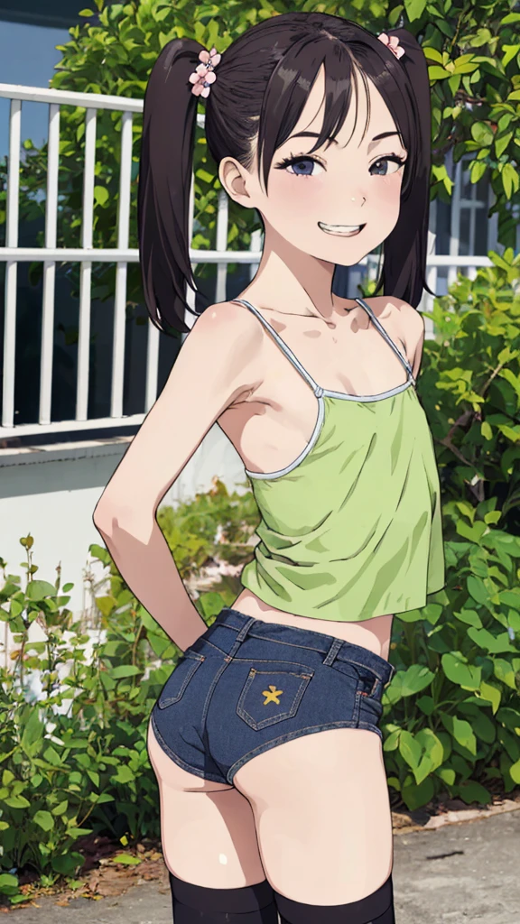 best quality, masterpiece, detailed,2d,flat color, 1girl,14yo,petit,grin,camisole,denim shorts,thighhighs,outdoor,small breasts,twintail,ass,from back