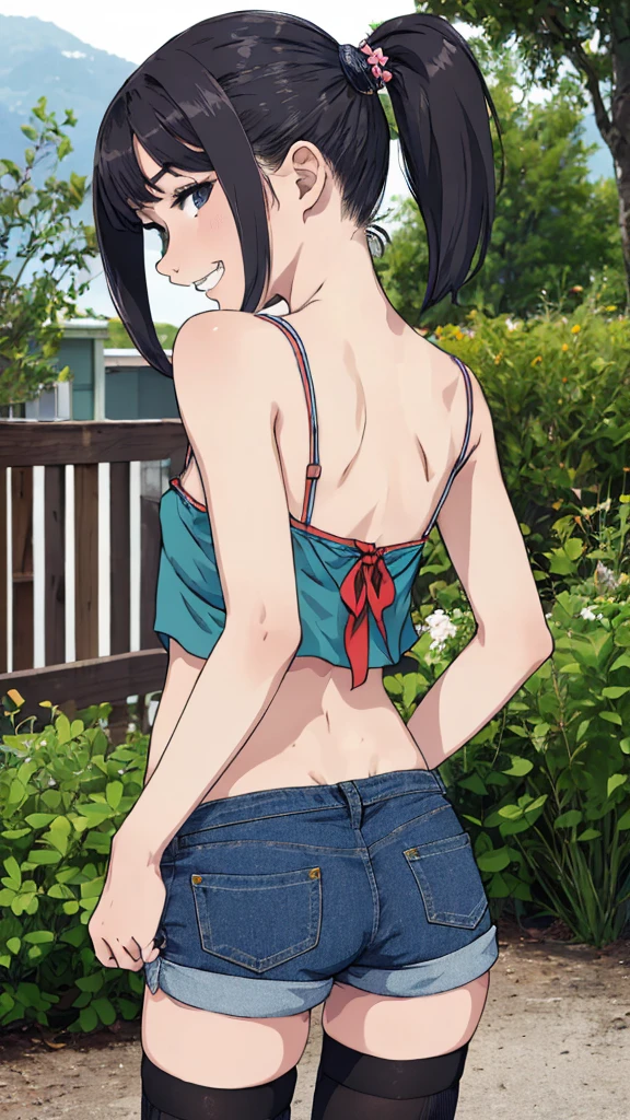 best quality, masterpiece, detailed,2d,flat color, 1girl,yo,petit,grin,camisole,denim shorts,thighhighs,outdoor,small breasts,twintail,ass,from back