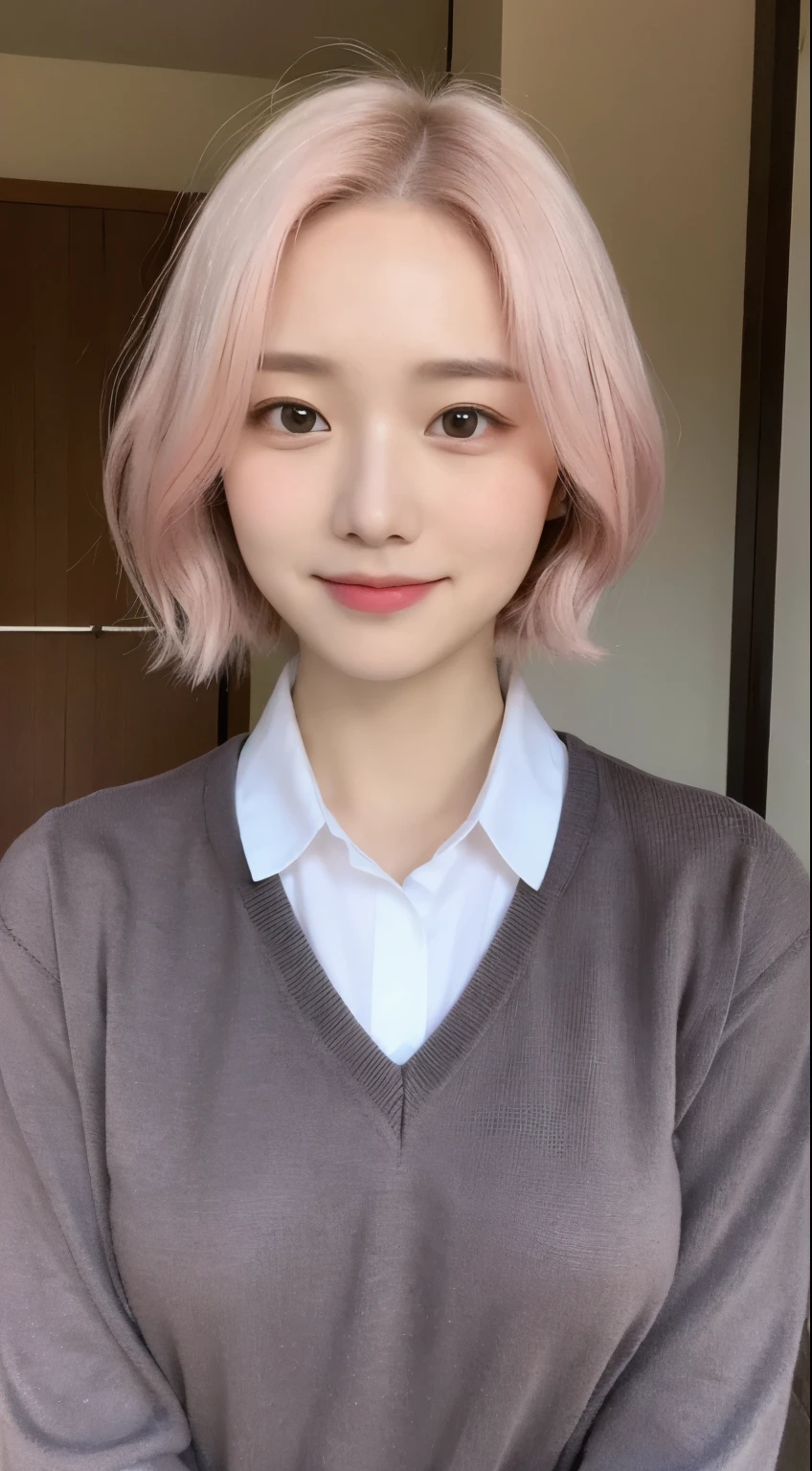 Haruno sakura, ((alone)), alone, E cup breasts,(((school uniform))), ((Show your forehead)), smile,Are standing, Pink Hair, short hair, delicate, young, short hair, Detailed face, High resolution, ((whole body)), Bedroom, whole body, she is a beautiful , High quality face, beautiful, Shine,(masterpiece:1.3), High resolution, Very detailed, Very detailedな,Unity 8k wallpaper, Realistic, photo-Realistic, RAW Photos, Beautifully detailed face, Pale skin, Realistic glistening skin,