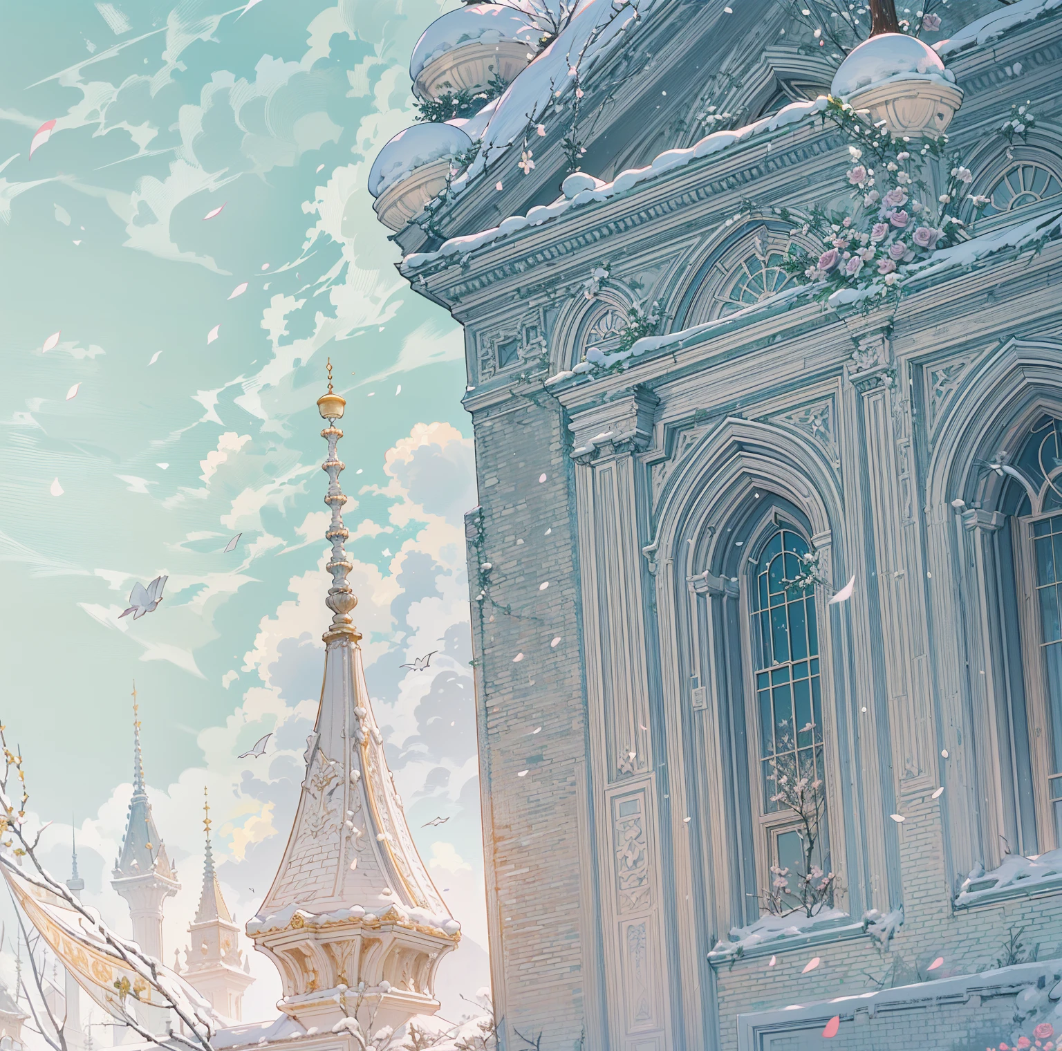 ((best quality，masterpiece，Extremely complex and exquisite details))，(Beautiful bright and exquisite ancient style white castle architectural background)，(Exquisite fantasy dream style，Snow，Falling Flowers，Rose，The great outdoors)