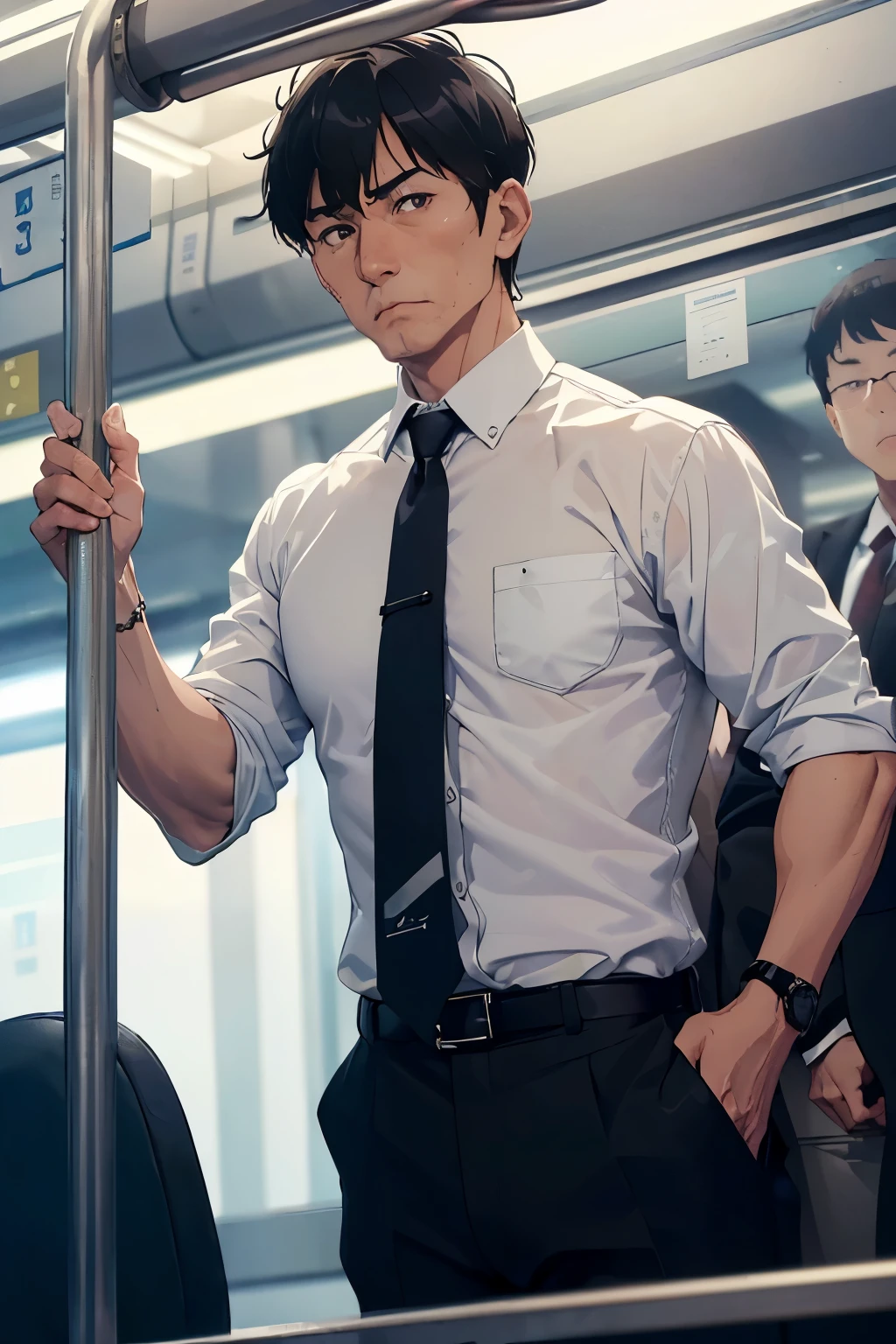 ((((A 53-year-old male office worker on a crowded train))))、((The upper body is a white shirt and tie))、((Black bikini for lower body))、((Emphasis on the crotch))、Asian、(((A dark and mysterious crowded train at night)))、、,Short Hair、buzzcut、A little muscular、((Masculine))、Detailed facial expressionasterpiece),Highest quality,Excellent anatomy、Intimidating
