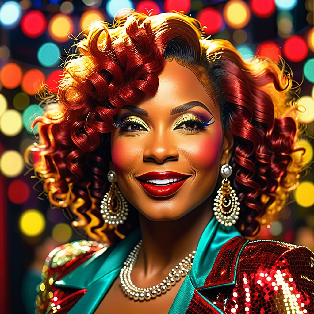 Create a close-up face portrait of a fictional 1970s African-American female R&B superstar named Ruby Roux. She has vibrant red curly hair, expressive brown eyes, and a radiant smile. Ruby wears bold makeup typical of the 1970s, including dramatic eyeliner and red lipstick. She is adorned with large hoop earrings and a glittery outfit that reflects the flashy style of the era. The background should feature a blurred colorful stage with vintage lights, adding to the retro and glamorous atmosphere. cinematic action, cinematic lighting, backlighting, masterpiece, anatomically correct, textured skin, super detail, 8k atmospheric perspective, depth of field,