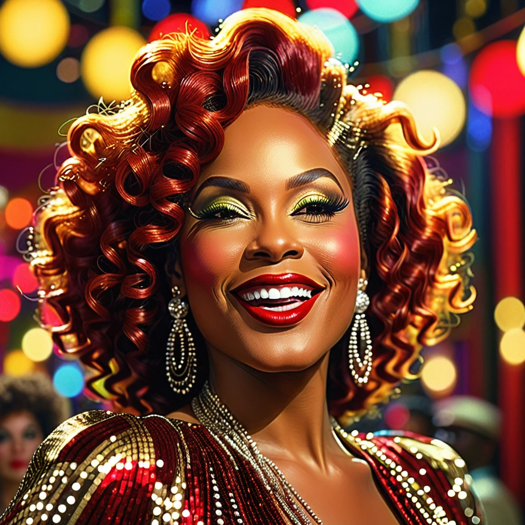 Create a close-up face portrait of a fictional 1970s African-American female R&B superstar named Ruby Roux. She has vibrant red curly hair, expressive brown eyes, and a radiant smile. Ruby wears bold makeup typical of the 1970s, including dramatic eyeliner and red lipstick. She is adorned with large hoop earrings and a glittery outfit that reflects the flashy style of the era. The background should feature a blurred colorful stage with vintage lights, adding to the retro and glamorous atmosphere. cinematic action, cinematic lighting, backlighting, masterpiece, anatomically correct, textured skin, super detail, 8k atmospheric perspective, depth of field,