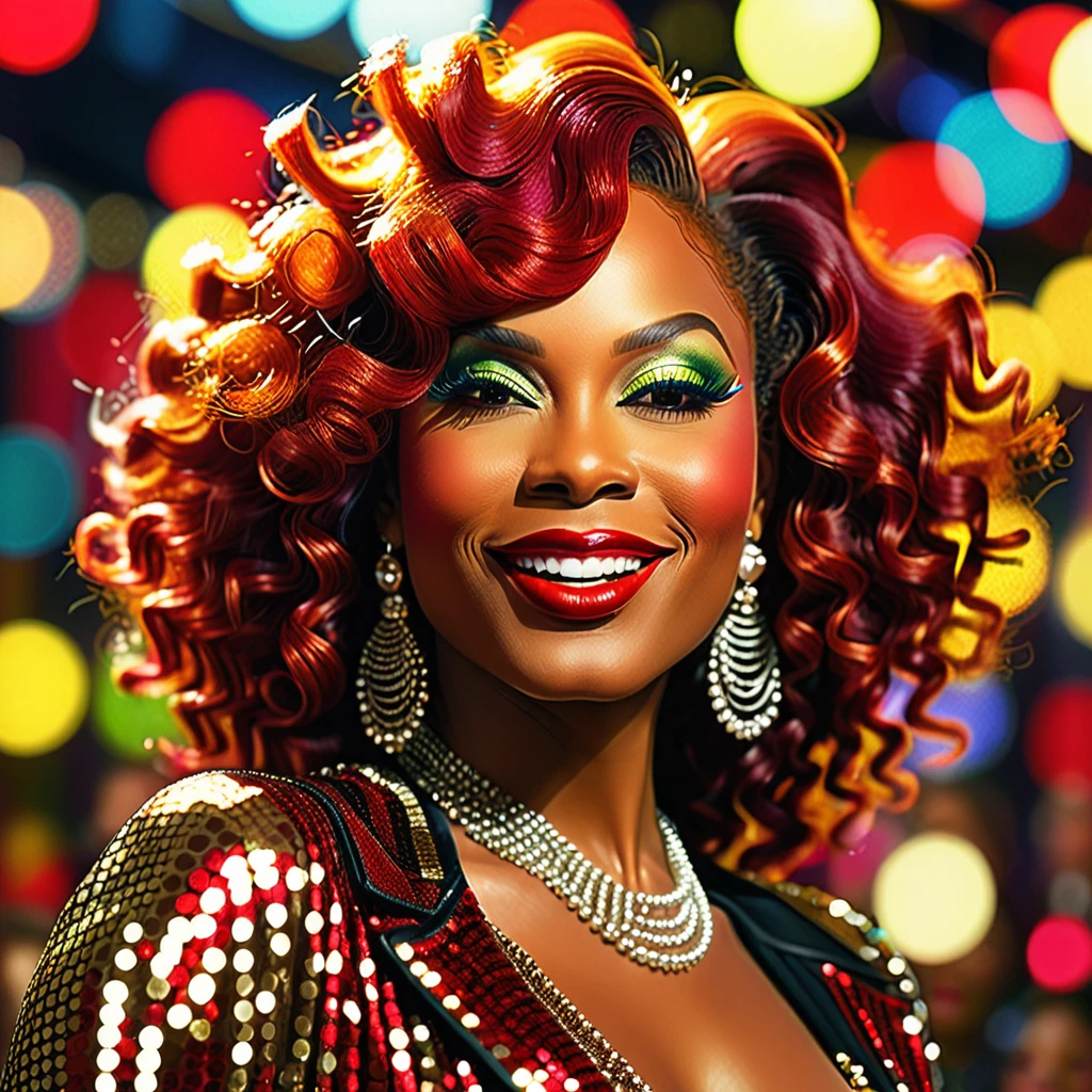 Create a close-up face portrait of a fictional 1970s African-American female R&B superstar named Ruby Roux. She has vibrant red curly hair, expressive brown eyes, and a radiant smile. Ruby wears bold makeup typical of the 1970s, including dramatic eyeliner and red lipstick. She is adorned with large hoop earrings and a glittery outfit that reflects the flashy style of the era. The background should feature a blurred colorful stage with vintage lights, adding to the retro and glamorous atmosphere. cinematic action, cinematic lighting, backlighting, masterpiece, anatomically correct, textured skin, super detail, 8k atmospheric perspective, depth of field,