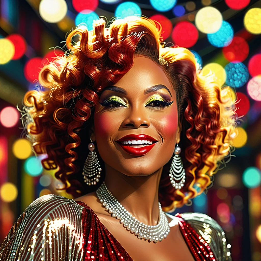 Create a close-up face portrait of a fictional 1970s African-American female R&B superstar named Ruby Roux. She has vibrant red curly hair, expressive brown eyes, and a radiant smile. Ruby wears bold makeup typical of the 1970s, including dramatic eyeliner and red lipstick. She is adorned with large hoop earrings and a glittery outfit that reflects the flashy style of the era. The background should feature a blurred colorful stage with vintage lights, adding to the retro and glamorous atmosphere. cinematic action, cinematic lighting, backlighting, masterpiece, anatomically correct, textured skin, super detail, 8k atmospheric perspective, depth of field,