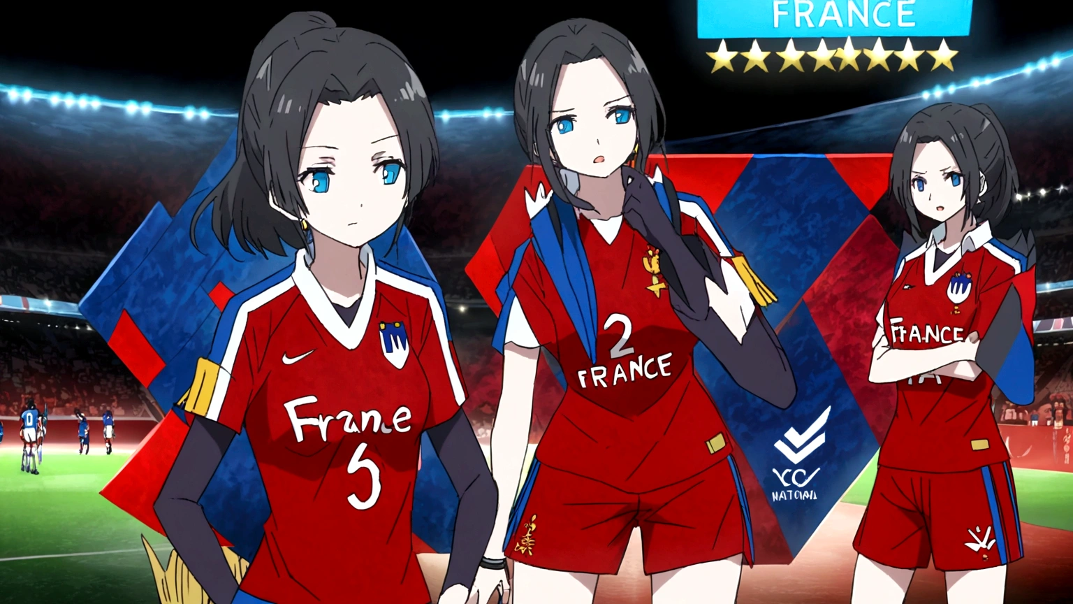 (anime,2D)Women,soccer player,black fur,wide,fringe,collected in a ponytail,clear skin,Light blue eyes,France national team clothing, In a soccer field.