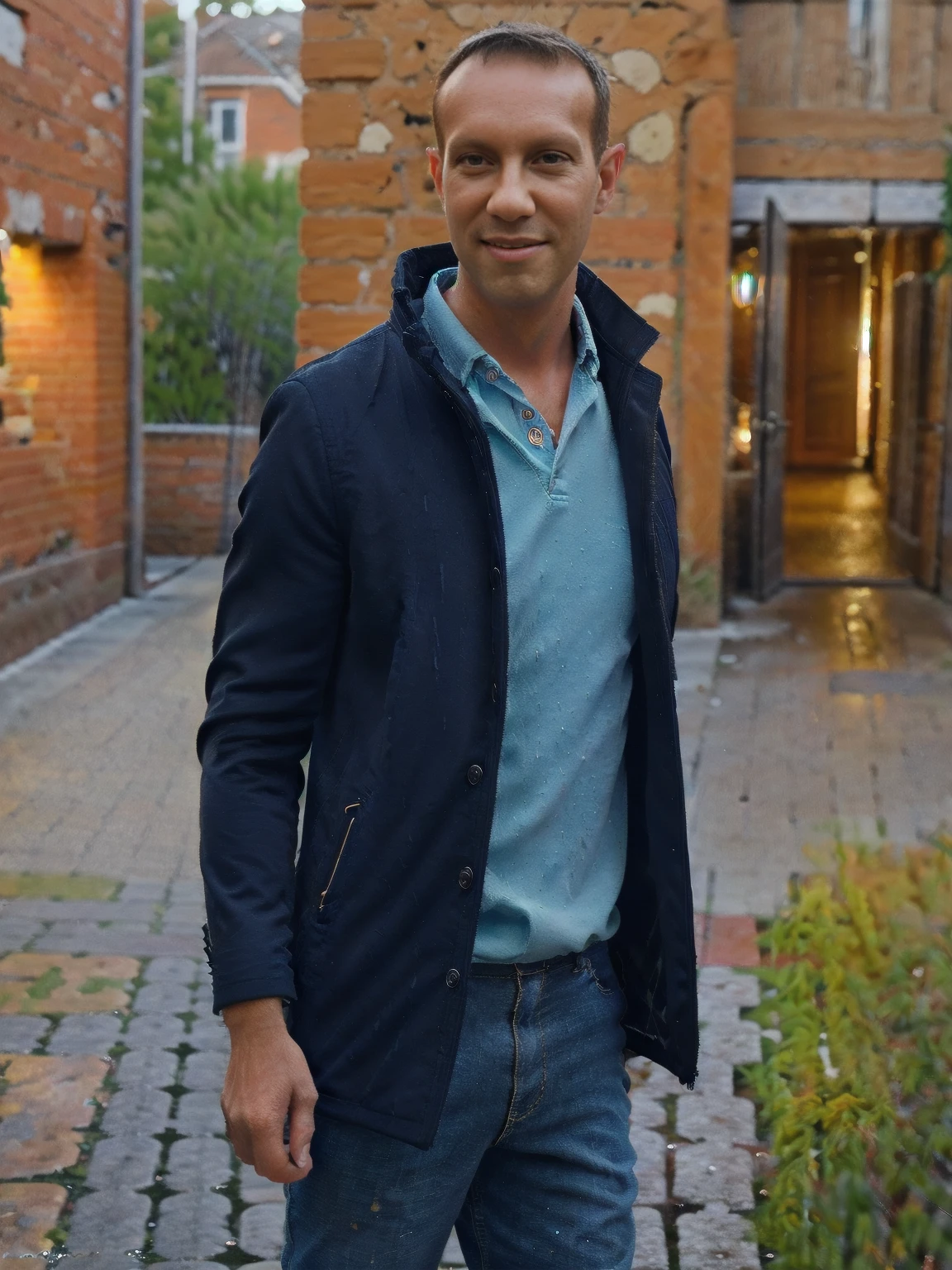 (highres,masterpiece:1.2), ultra-detailed, realistic:1.37, HDR, man ,solo, Todder8 Todder1 in the street with french coat,painted brick walls,wet cobblestone pavement,lively city atmosphere,vibrant colors,soft golden light,cool blue tones