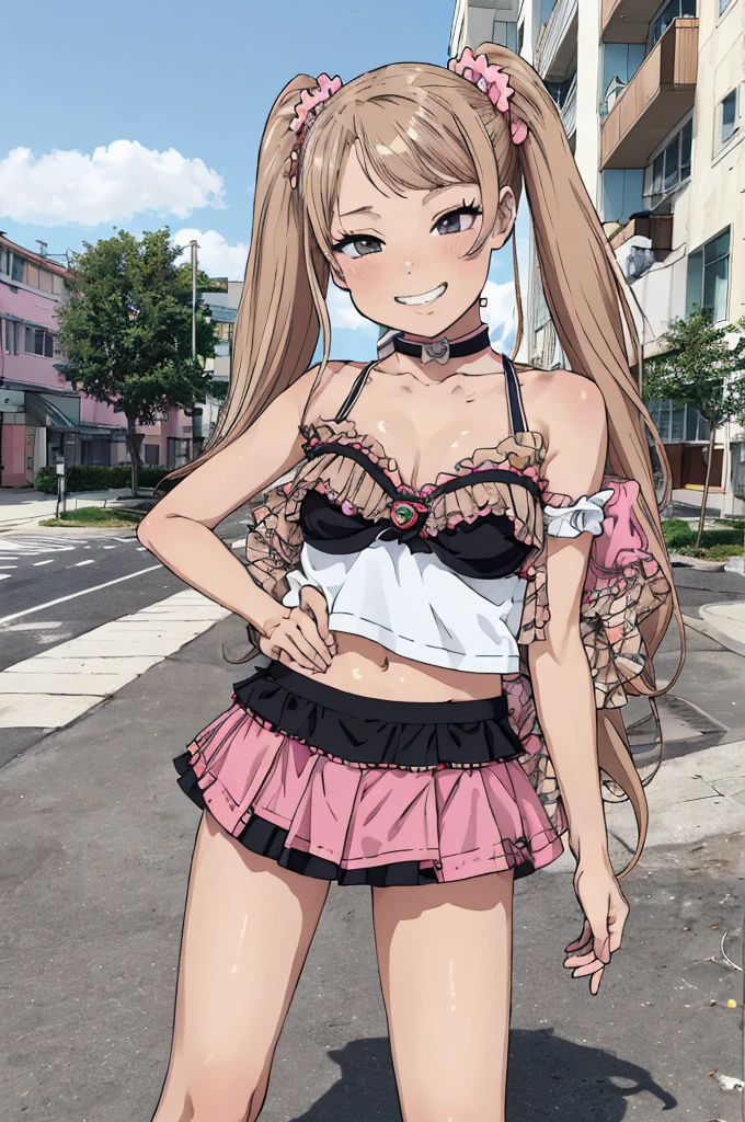 best quality, masterpiece, detailed,2d,flat color, 1girl,14yo,petit,grin,outdoor,miniskirt,socks,(((gyaru)))