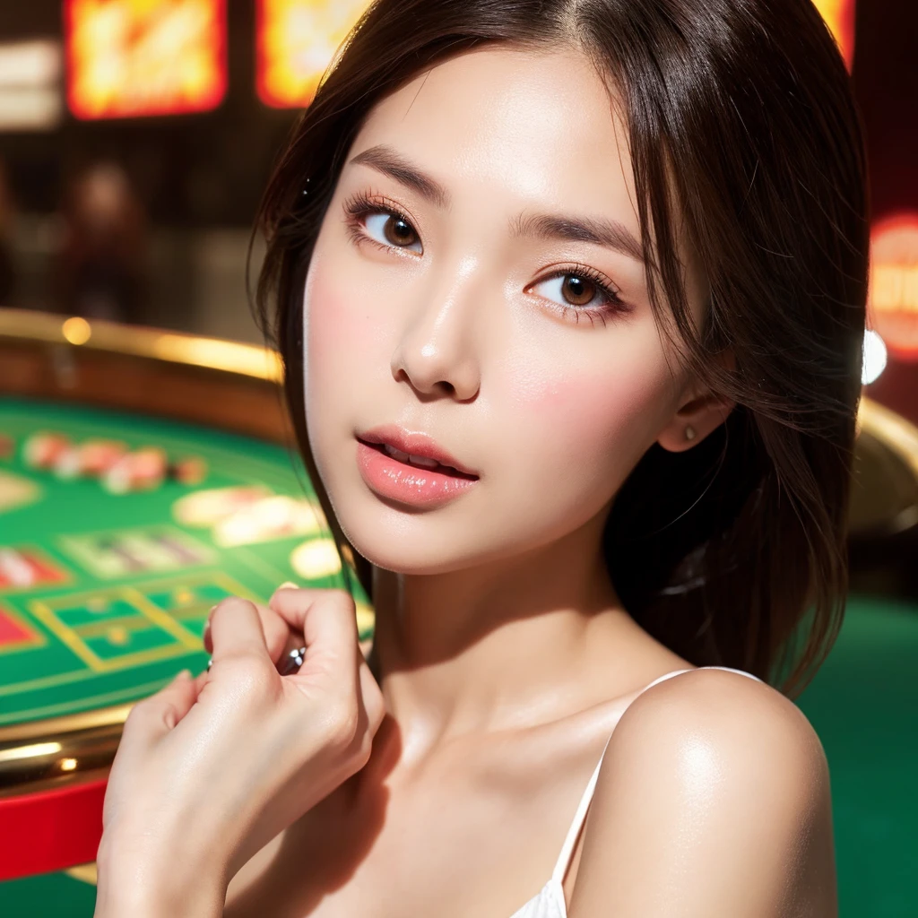 beautiful face, best quality, shiny skin,detailed skin,detailed face,detailed eyes, casino girl, dress