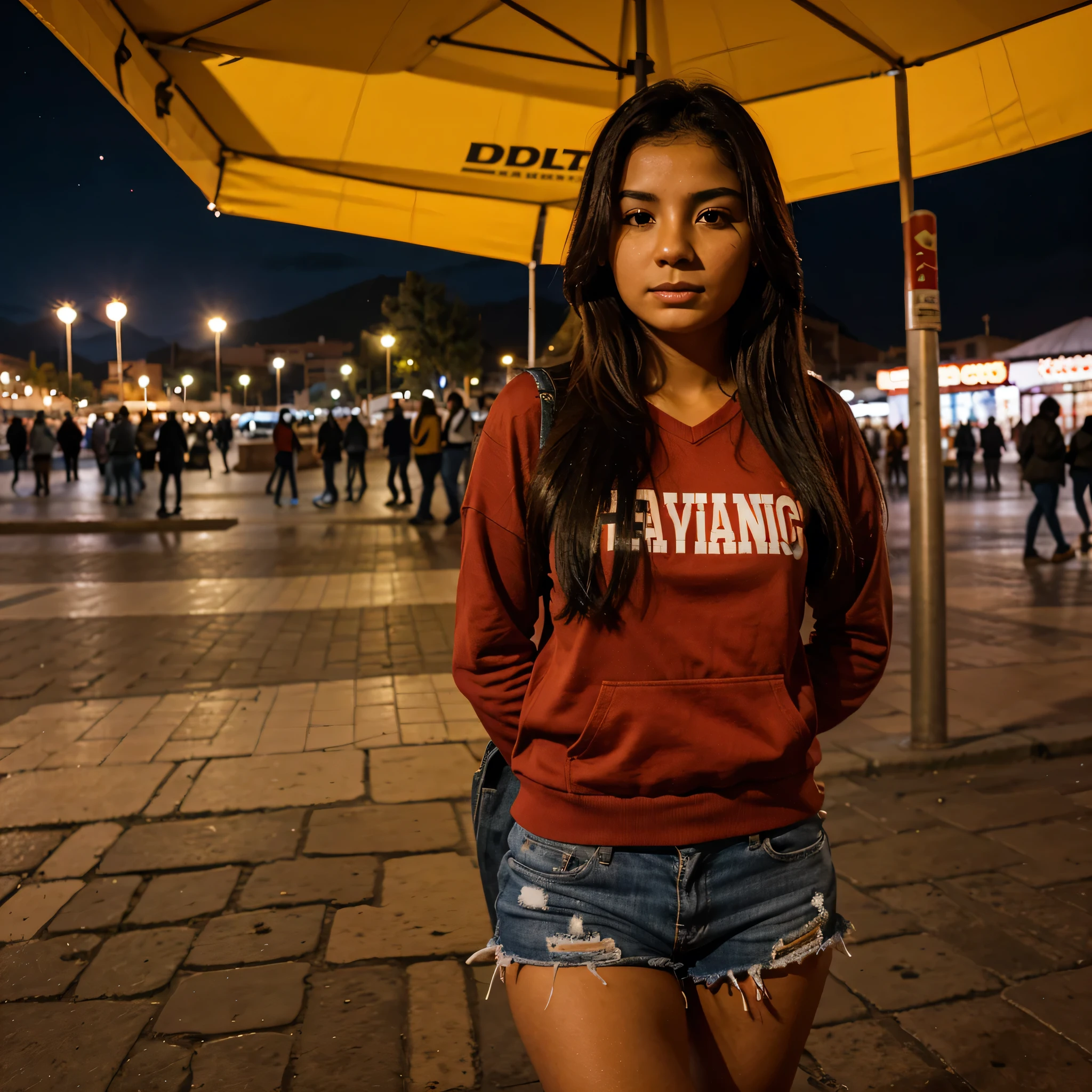 20 year old latina woman with normal clothes in the plaza of Cochabamba Bolivia at night