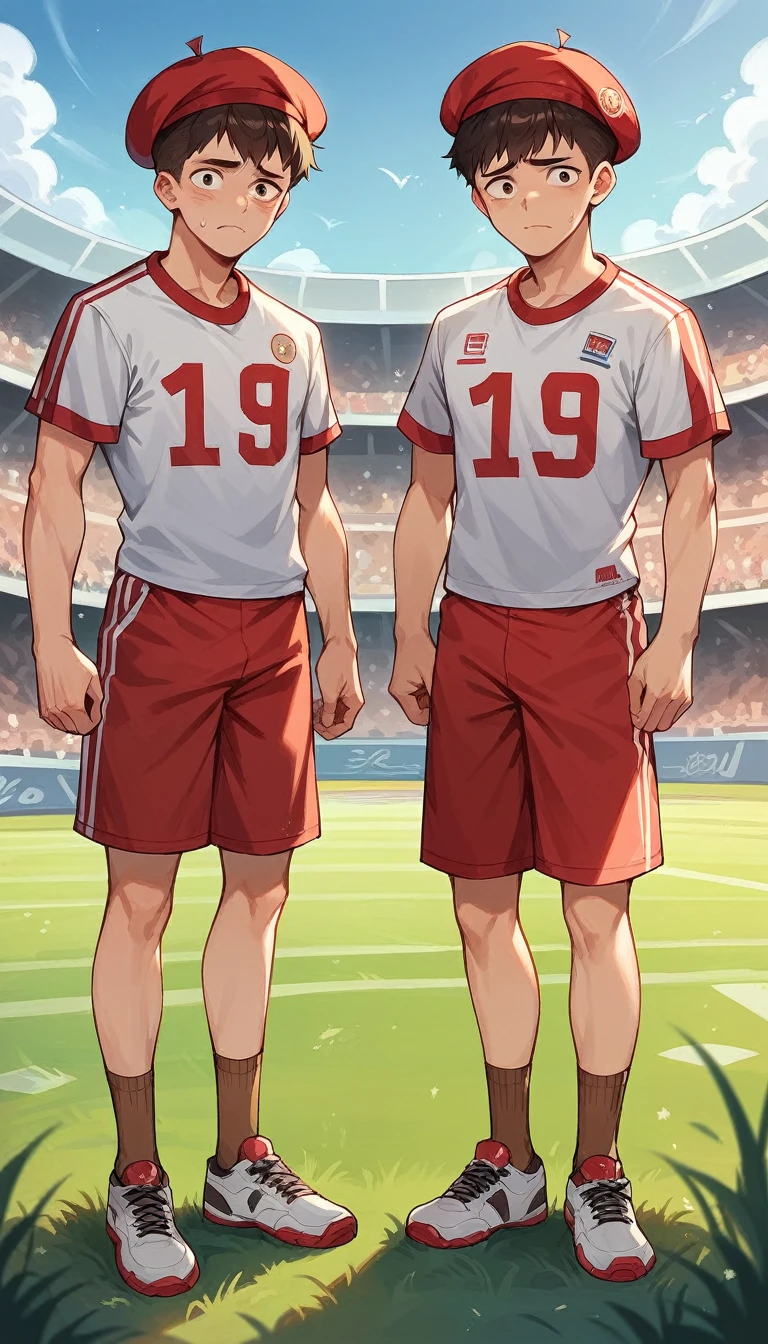 Handsome and cute teenage korean boy singer idol 17 years old,sad face,red beret,red transparent underwear, brown socks, shoes, sunshine day, many friends in background , standing on grass field in football stadium