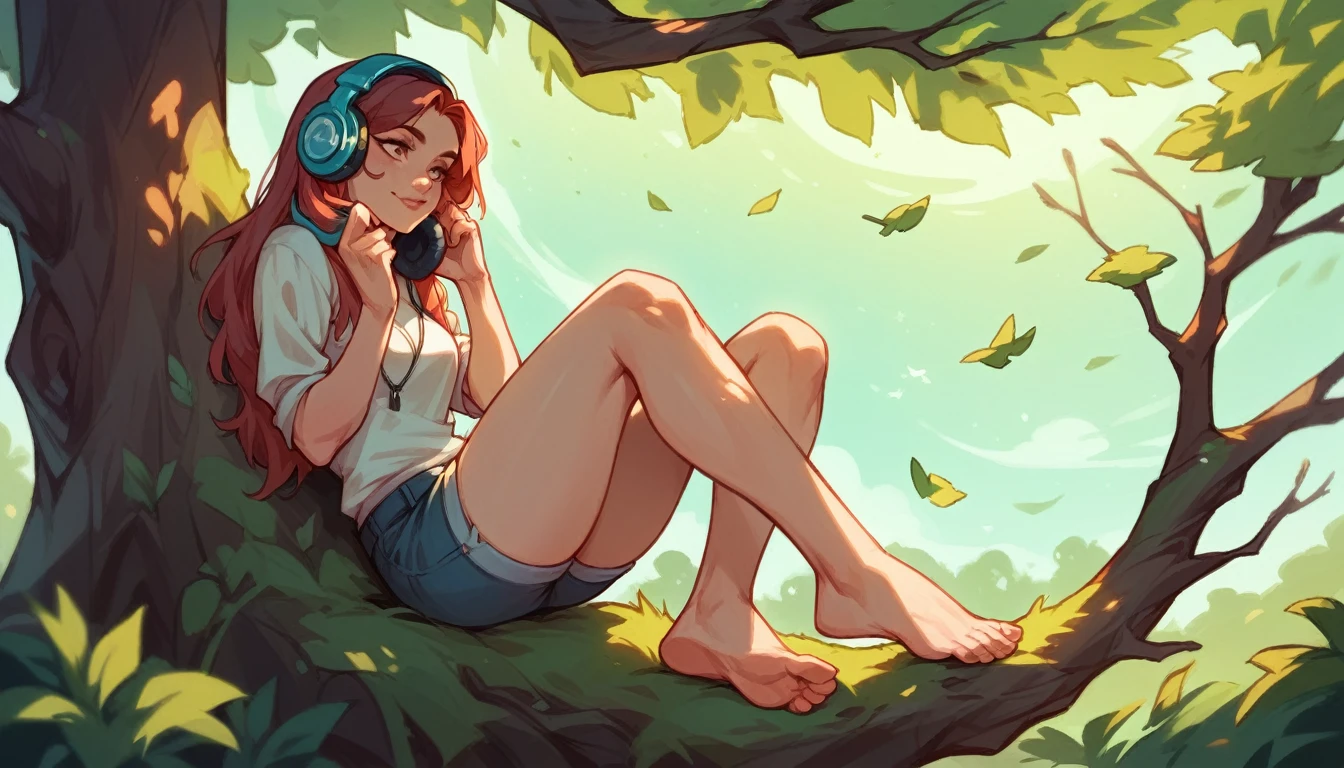 (a girl with headphones, sitting at the foot of a tree, under the moonlight ) by Jasmine Becket-Griffith