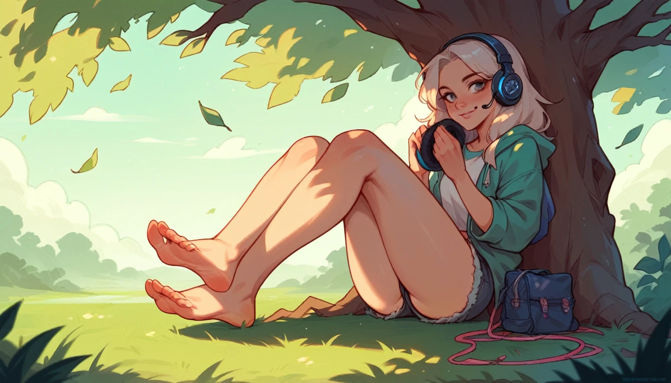 (a girl with headphones, sitting at the foot of a tree, under the moonlight ) by Jasmine Becket-Griffith