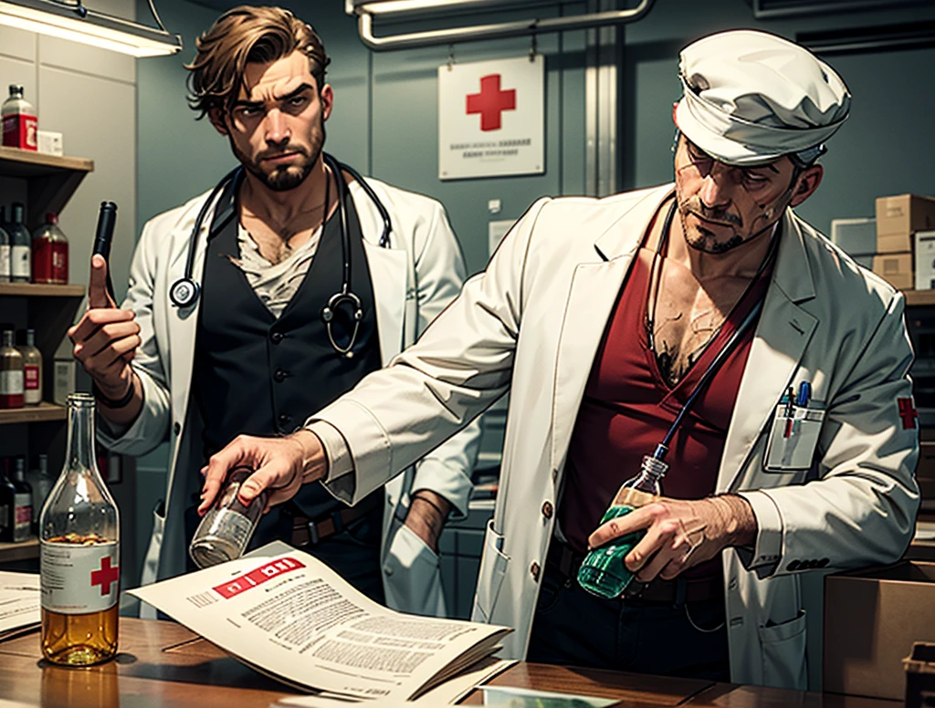 Comic art, cartoon. Dirty (man)-drunkard and doctor. drunkard holding a bottle in his hand, dressed (dirty and torn), doctor holding a I.V. med transfusion system in his hand, wearing a white coat and a white medical cap with a red cross. parody of sculpture "Worker and Collective Farm Woman" by Vera Mukhina. Stylish pale abstract background. Masterpiece, detailed.