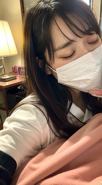 Girl with a vibrator,vibratorを咥える、スリムなjunior high school student with too big, , sleeping on bed, plump, closing eyes, falling down, yawning, excitement, mask,