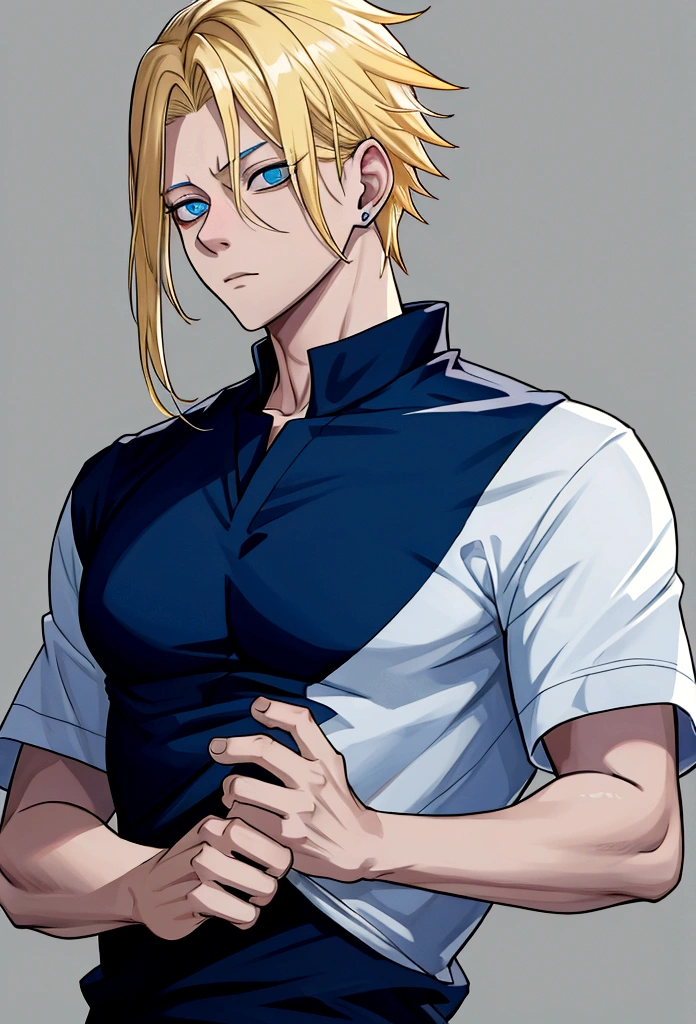 boy, adolescent, hair blonde, blue eye color, usando camiseta branca, short preto, and dark blue blouse based on jujutsu kaisen.