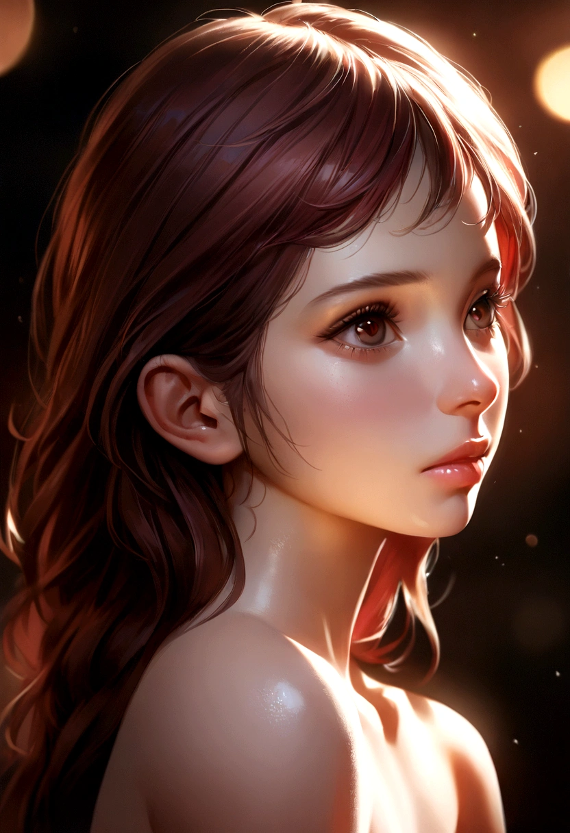 1 girl, 6 years old, dark red hair, dark brown eyes, naked, photorealistic, extremely detailed, hyper realistic skin, beautiful detailed face, beautiful detailed eyes, beautiful detailed lips, extremely detailed facial features, highly detailed skin texture, intricate details, lifelike, incredible realism, porcelain skin, delicate features, perfect proportions, flawless complexion, cinematic lighting, dramatic lighting, natural lighting, soft lighting, volumetric lighting, chiaroscuro, dramatic shadows, depth of field, beautiful bokeh background, ethereal, angelic, pure, innocent, vulnerable, sensitive, emotional, serene, contemplative, pensive, nipple showing, no pants ,