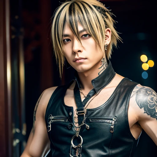 1 japanese male rocker, asien eyes, Visual Kai hairstyle, ultra detailed face and body, hyperrealistic, realistic representation, muscular, broad shoulders, tattoos gothic style, piercings, Visual Kei style, hairstyle Visual Kei, blond, 40 years old, age 40 outfit gothic streampunk, men's shirt and black pants, Asian eyes, eyes Asian, long hair, long hair