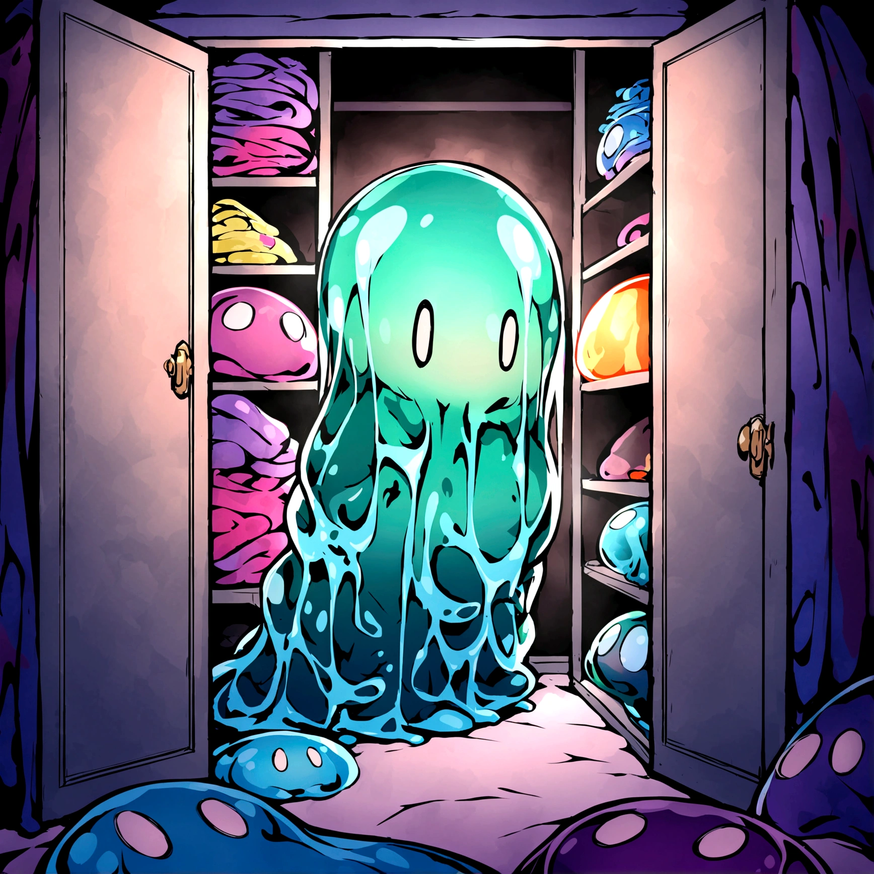 Adult slime-girl, hidden inside closet, surrounded by clothes, in darkness, human looking slime girl, transparent skin,