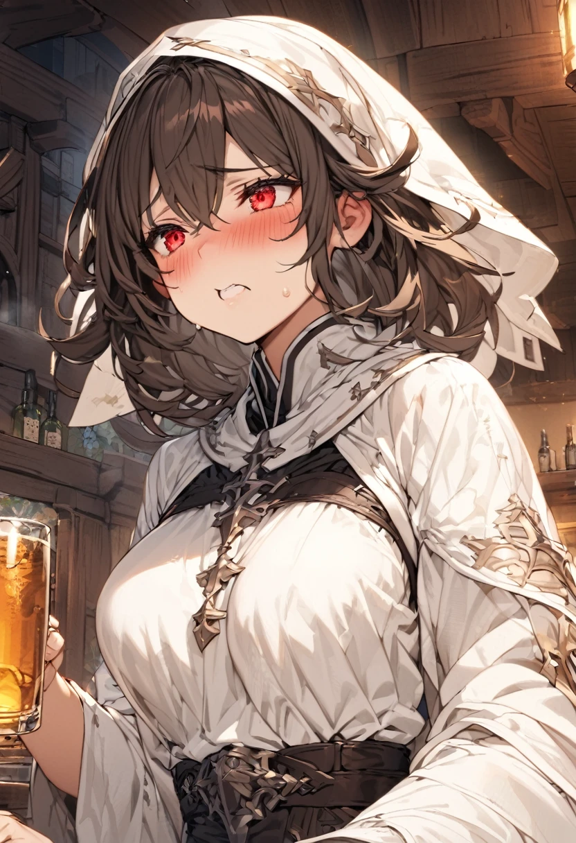 Adult female, fantasy, very short dark brown hair, red eyes, cleric, black on white cleric robes, blushing, drunken yelling, tavern, sad tsundere, drunk, highly detailed, best detail, high quality, perfect eyes, expressive eyes,
